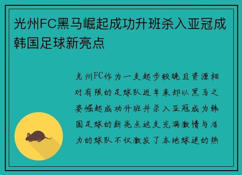 光州FC黑马崛起成功升班杀入亚冠成韩国足球新亮点 光州FC黑马崛起成功升班杀入亚冠成韩国足球新亮点